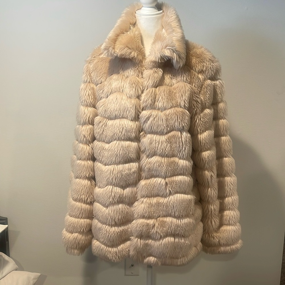 Pale pink faux fur jacket from INC (Macy’s)